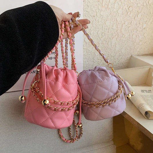 Venusiva Mini Bucket Bag for Women Summer 2024 Solid Chain Crossbody Versatile Girls Shoulder Card Pack Purse Chic PU Leather