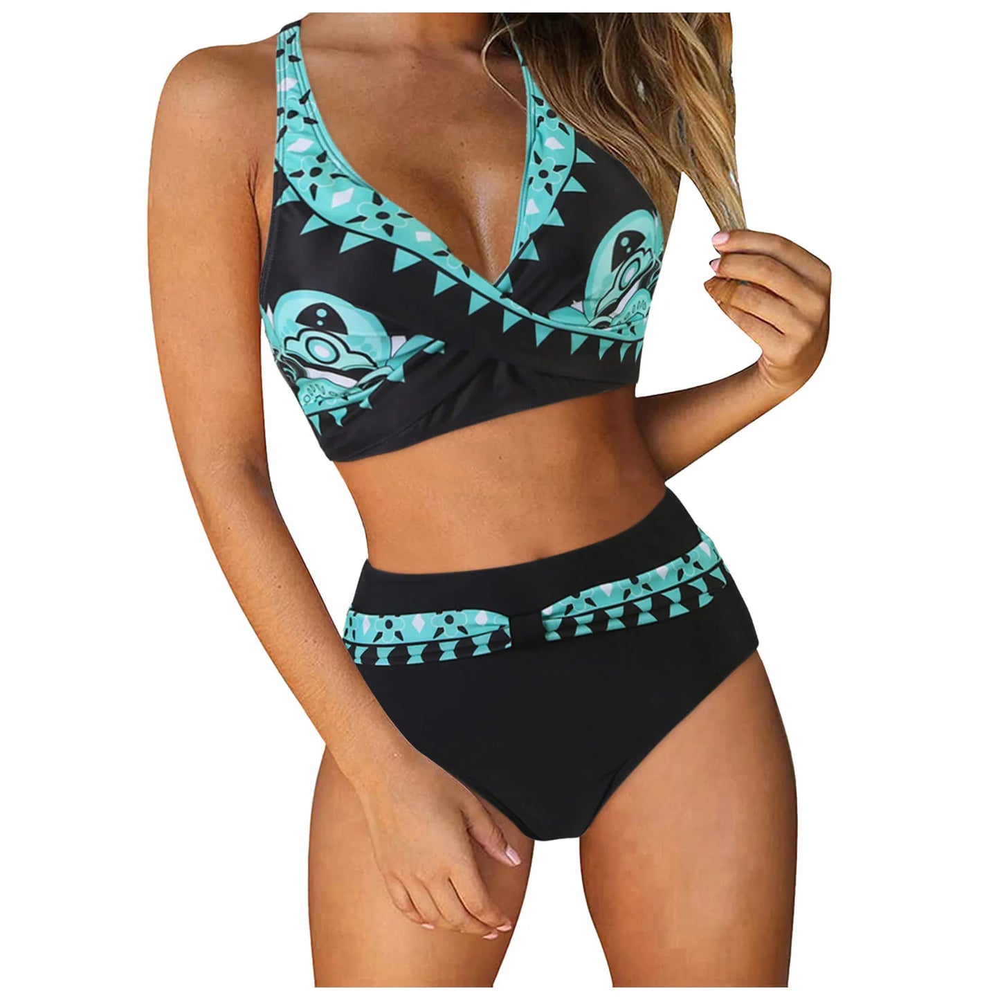 High Waist Women's Bikini 2024 Lace-Up Push-Up Ruched Two-Piece Swimwear Color Block Sexy Beach Style Polyester Tankini Set