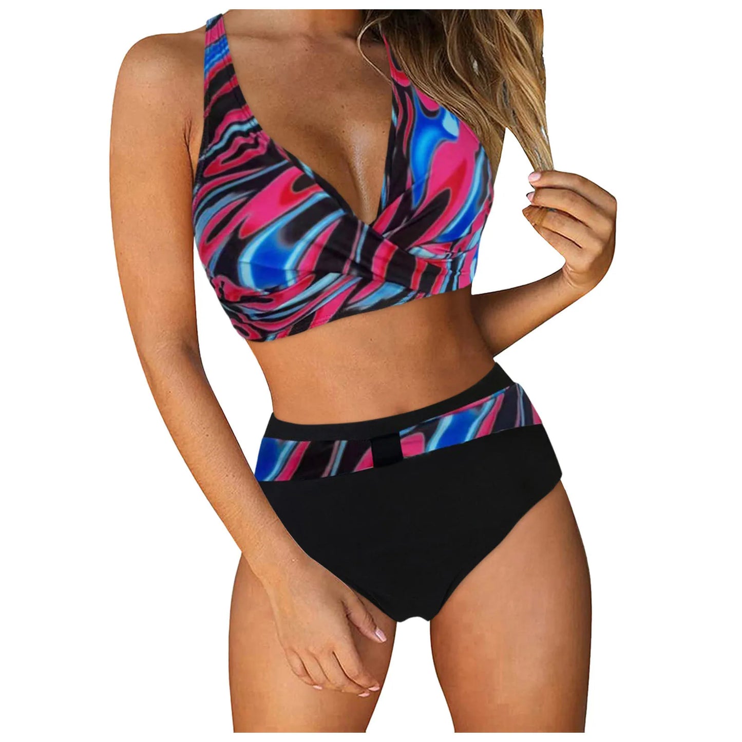 High Waist Women's Bikini 2024 Lace-Up Push-Up Ruched Two-Piece Swimwear Color Block Sexy Beach Style Polyester Tankini Set