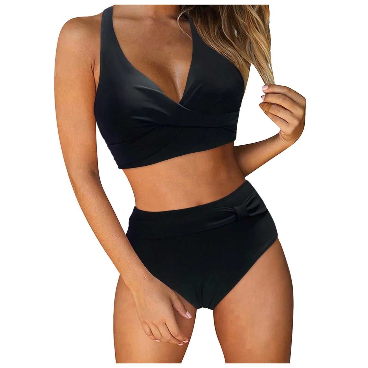 High Waist Women's Bikini 2024 Lace-Up Push-Up Ruched Two-Piece Swimwear Color Block Sexy Beach Style Polyester Tankini Set