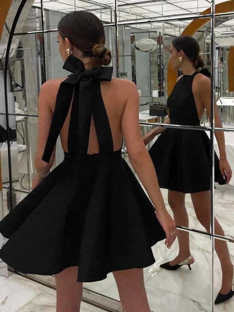 Venusiva Backless Halter Mini Dress Women's Sexy Sleeveless A-Line Short Dress Elegant Spring Summer Holiday Streetwear