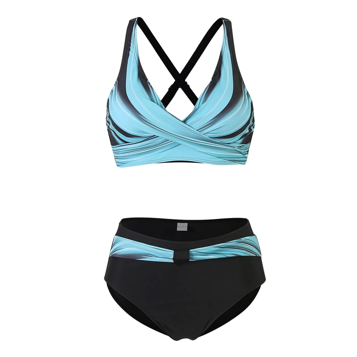 High Waist Women's Bikini 2024 Lace-Up Push-Up Ruched Two-Piece Swimwear Color Block Sexy Beach Style Polyester Tankini Set