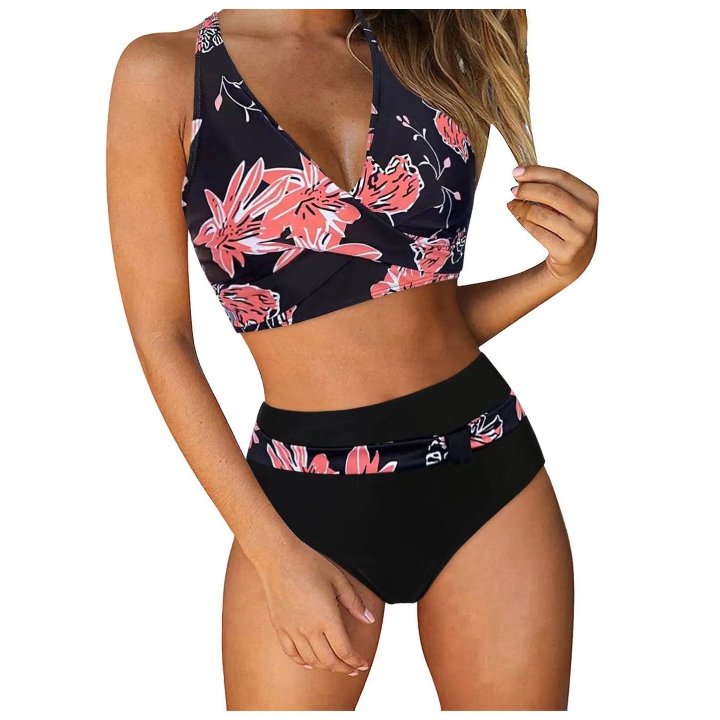 High Waist Women's Bikini 2024 Lace-Up Push-Up Ruched Two-Piece Swimwear Color Block Sexy Beach Style Polyester Tankini Set
