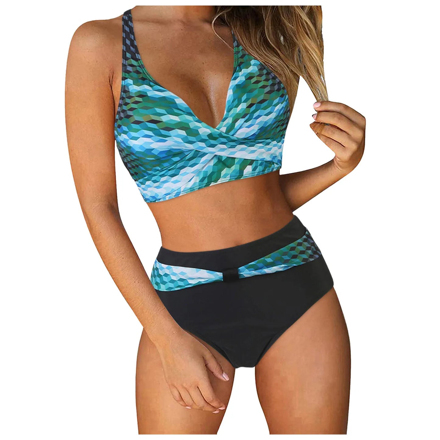 High Waist Women's Bikini 2024 Lace-Up Push-Up Ruched Two-Piece Swimwear Color Block Sexy Beach Style Polyester Tankini Set