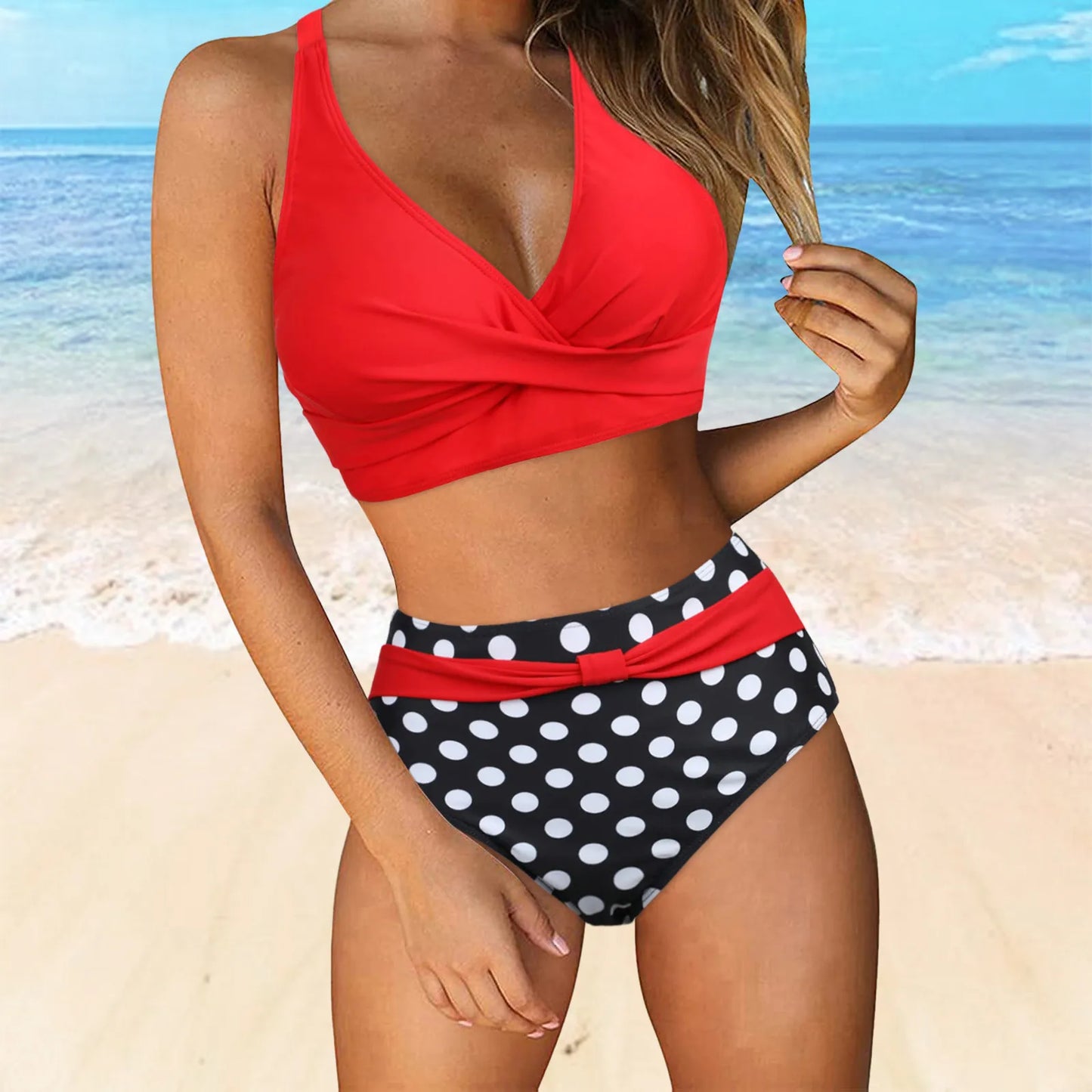 High Waist Women's Bikini 2024 Lace-Up Push-Up Ruched Two-Piece Swimwear Color Block Sexy Beach Style Polyester Tankini Set