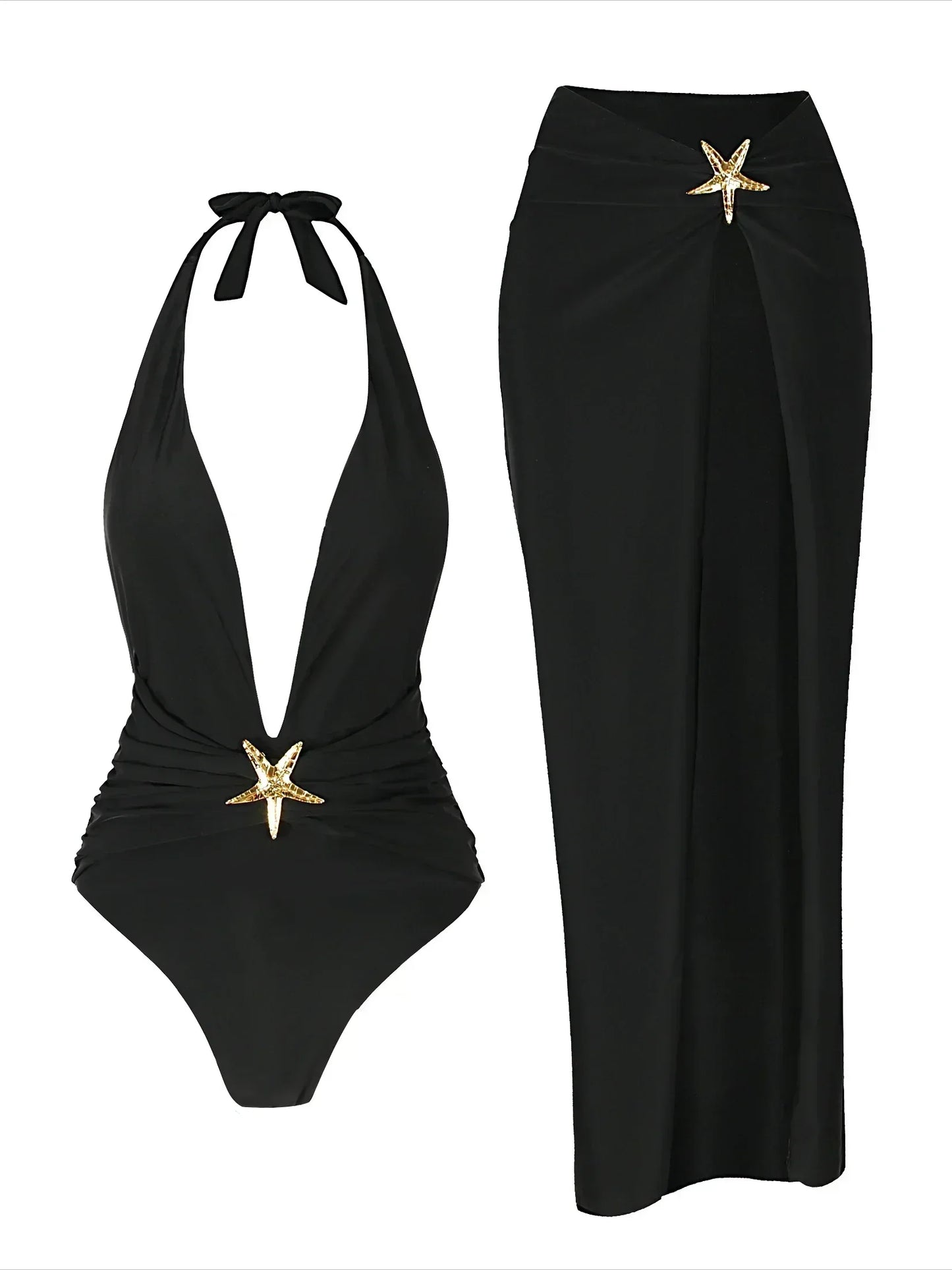 Venusiva 2 Piece Swimsuit Elegant Women's Starfish Halter Bikini Set with High Split Skirt Cover up Sexy Polyester Bathing Suit