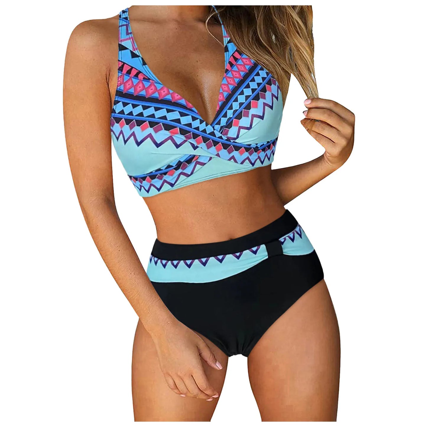High Waist Women's Bikini 2024 Lace-Up Push-Up Ruched Two-Piece Swimwear Color Block Sexy Beach Style Polyester Tankini Set