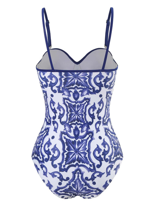 Venusiva Vintage Print One Piece Swimsuit Women's Push up Swimwear Beach Cover up Bathing Suit Summer Adjustable Strap