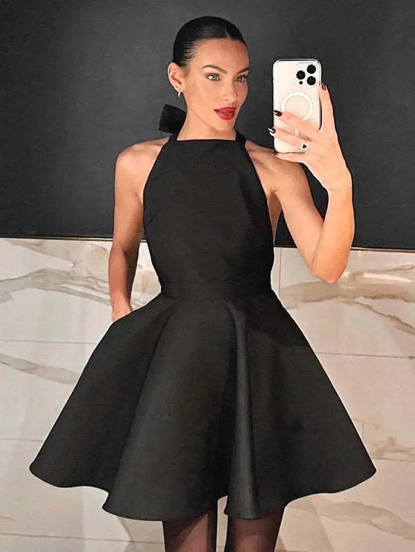 Venusiva Backless Halter Mini Dress Women's Sexy Sleeveless A-Line Short Dress Elegant Spring Summer Holiday Streetwear