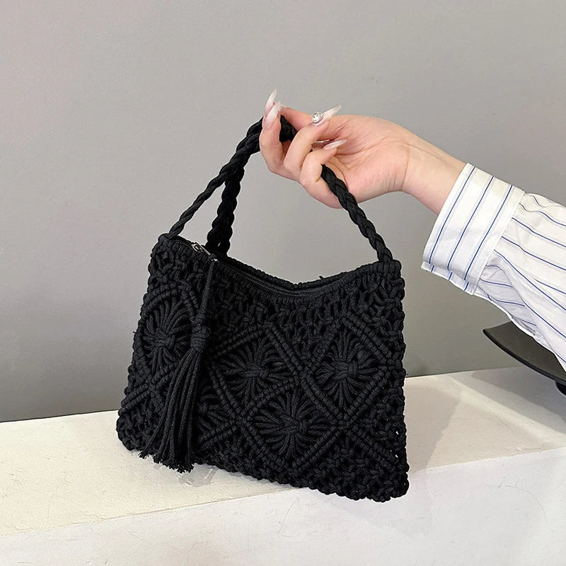 Venusiva Women's Fashion Straw Shoulder Bag Bohemian Tassel Crossbody Beach Travel Handbag Hollow out Summer Messenger Bag