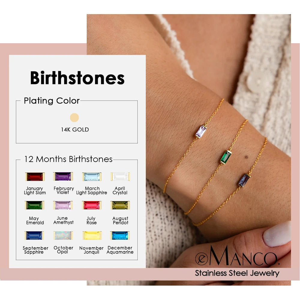 Venusiva eManco Stainless Steel Birthstone Bracelet 7x3MM Square Geometric Sparkling Rhinestone Bangle Fashion Jewelry Gift for Women