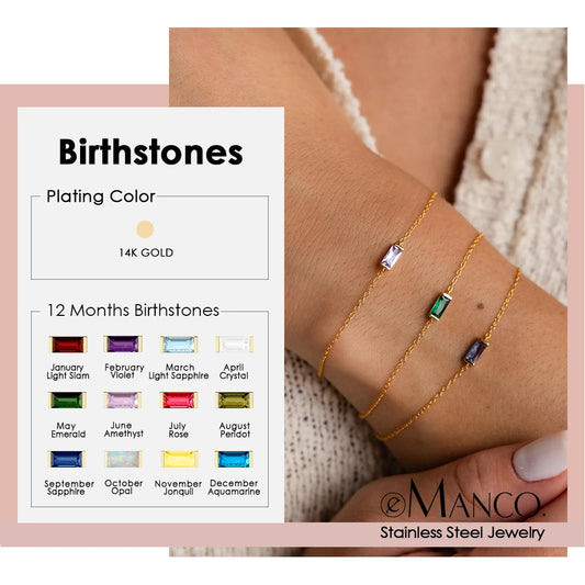 Venusiva eManco Stainless Steel Birthstone Bracelet 7x3MM Square Geometric Sparkling Rhinestone Bangle Fashion Jewelry Gift for Women