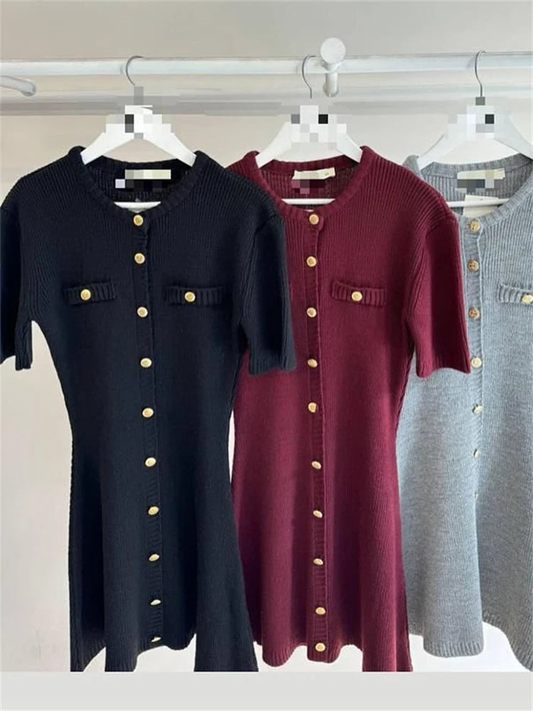 Venusiva Elegant High-Waisted Mini Dress for Women Slim Fit Short Sleeve Knitwear O-Neck Casual Sweater Dress Street Style Vacation Wear