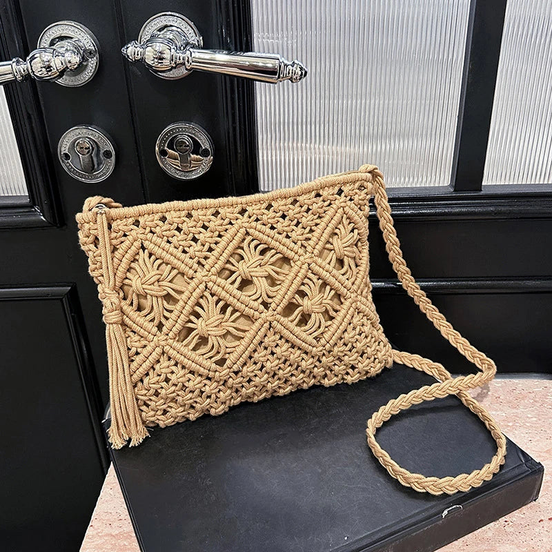 Venusiva Women's Fashion Straw Shoulder Bag Bohemian Tassel Crossbody Beach Travel Handbag Hollow out Summer Messenger Bag