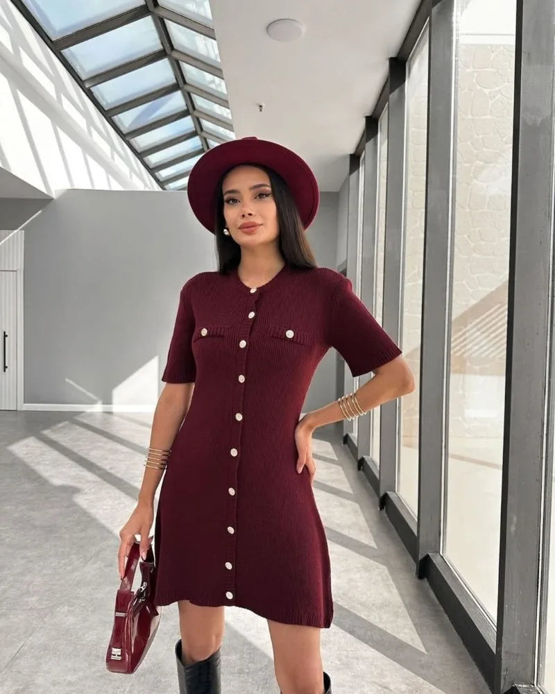 Venusiva Elegant High-Waisted Mini Dress for Women Slim Fit Short Sleeve Knitwear O-Neck Casual Sweater Dress Street Style Vacation Wear