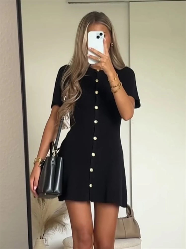 Venusiva Elegant High-Waisted Mini Dress for Women Slim Fit Short Sleeve Knitwear O-Neck Casual Sweater Dress Street Style Vacation Wear