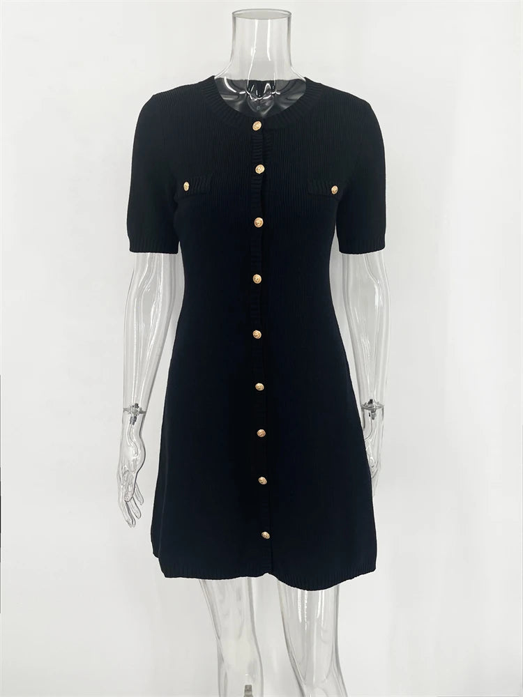 Venusiva Elegant High-Waisted Mini Dress for Women Slim Fit Short Sleeve Knitwear O-Neck Casual Sweater Dress Street Style Vacation Wear