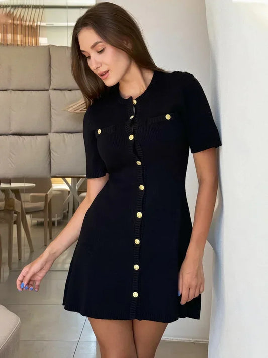 Venusiva Elegant High-Waisted Mini Dress for Women Slim Fit Short Sleeve Knitwear O-Neck Casual Sweater Dress Street Style Vacation Wear
