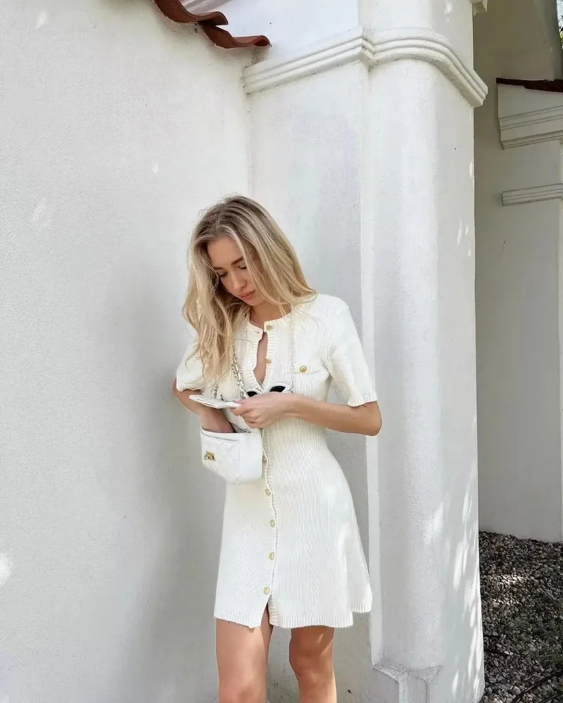 Venusiva Elegant High-Waisted Mini Dress for Women Slim Fit Short Sleeve Knitwear O-Neck Casual Sweater Dress Street Style Vacation Wear