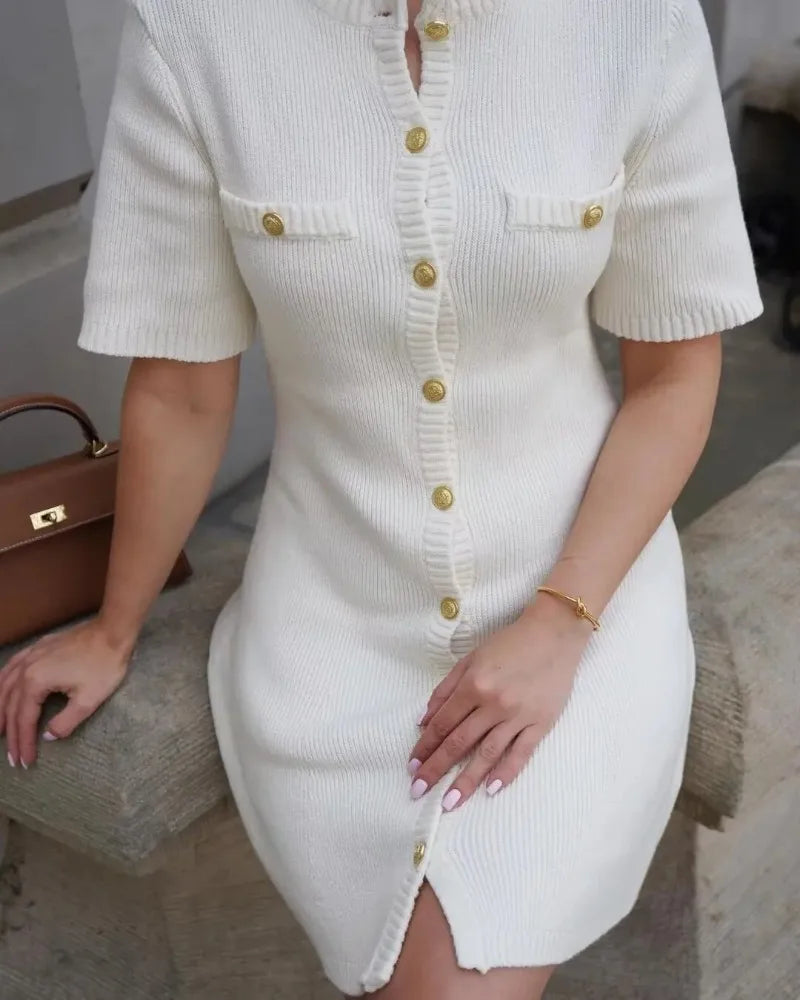 Venusiva Elegant High-Waisted Mini Dress for Women Slim Fit Short Sleeve Knitwear O-Neck Casual Sweater Dress Street Style Vacation Wear
