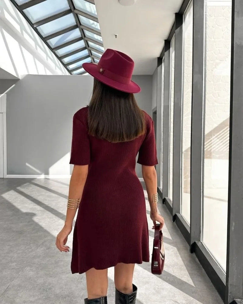 Venusiva Elegant High-Waisted Mini Dress for Women Slim Fit Short Sleeve Knitwear O-Neck Casual Sweater Dress Street Style Vacation Wear