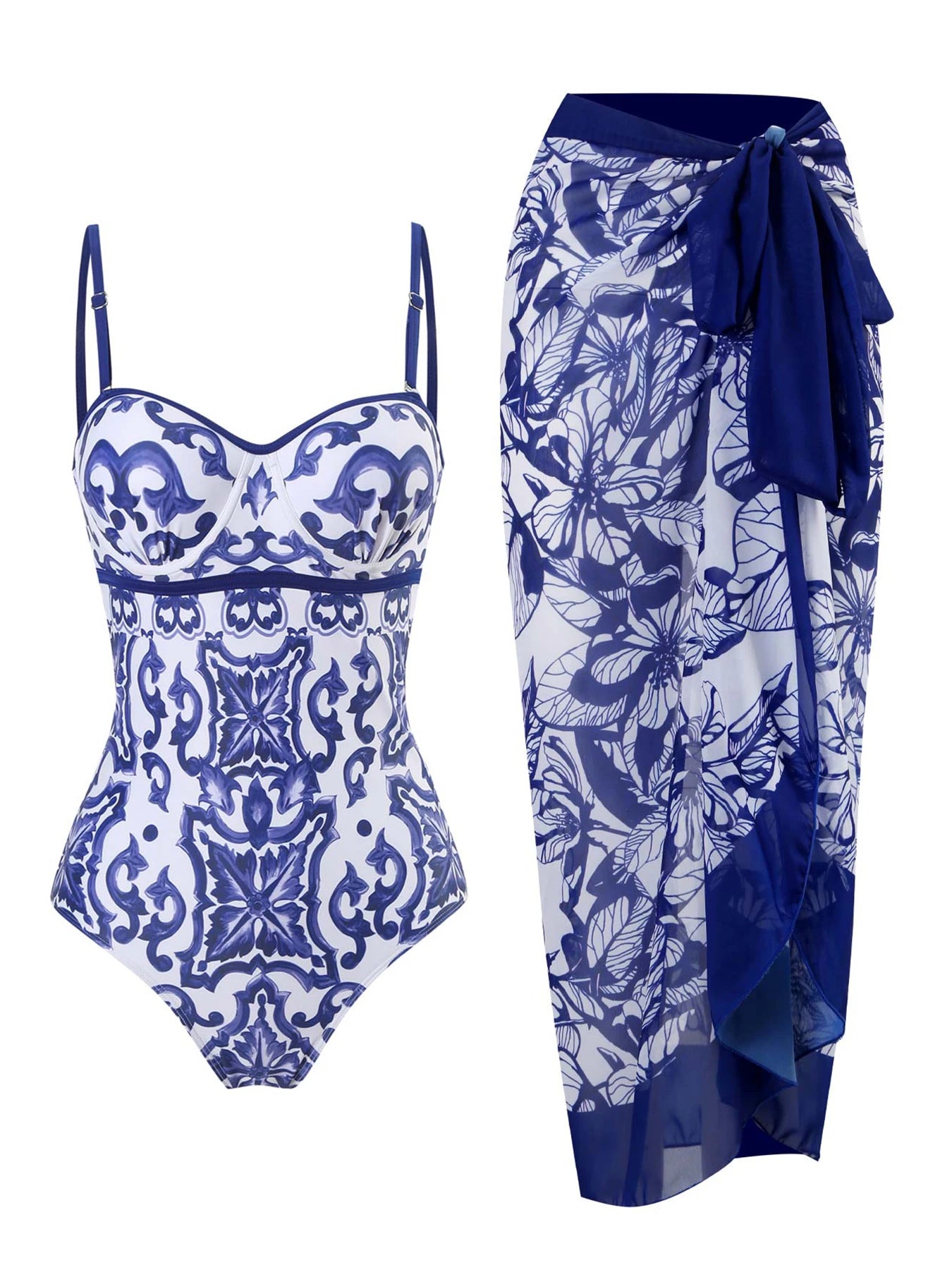 Venusiva Vintage Print One Piece Swimsuit Women's Push up Swimwear Beach Cover up Bathing Suit Summer Adjustable Strap