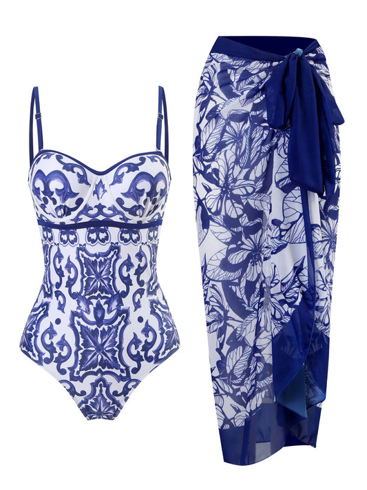 Venusiva Vintage Print One Piece Swimsuit Women's Push up Swimwear Beach Cover up Bathing Suit Summer Adjustable Strap