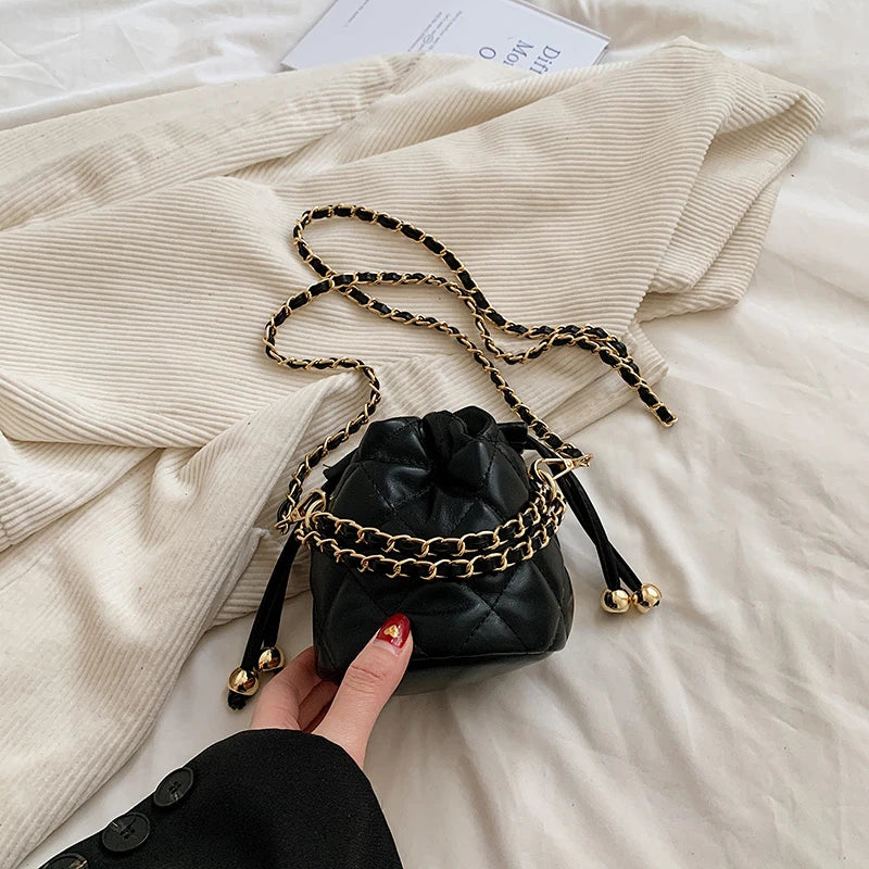 Venusiva Mini Bucket Bag for Women Summer 2024 Solid Chain Crossbody Versatile Girls Shoulder Card Pack Purse Chic PU Leather