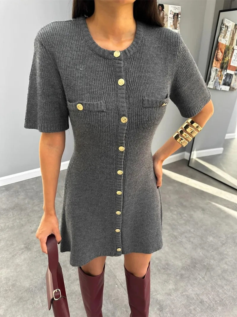 Venusiva Elegant High-Waisted Mini Dress for Women Slim Fit Short Sleeve Knitwear O-Neck Casual Sweater Dress Street Style Vacation Wear