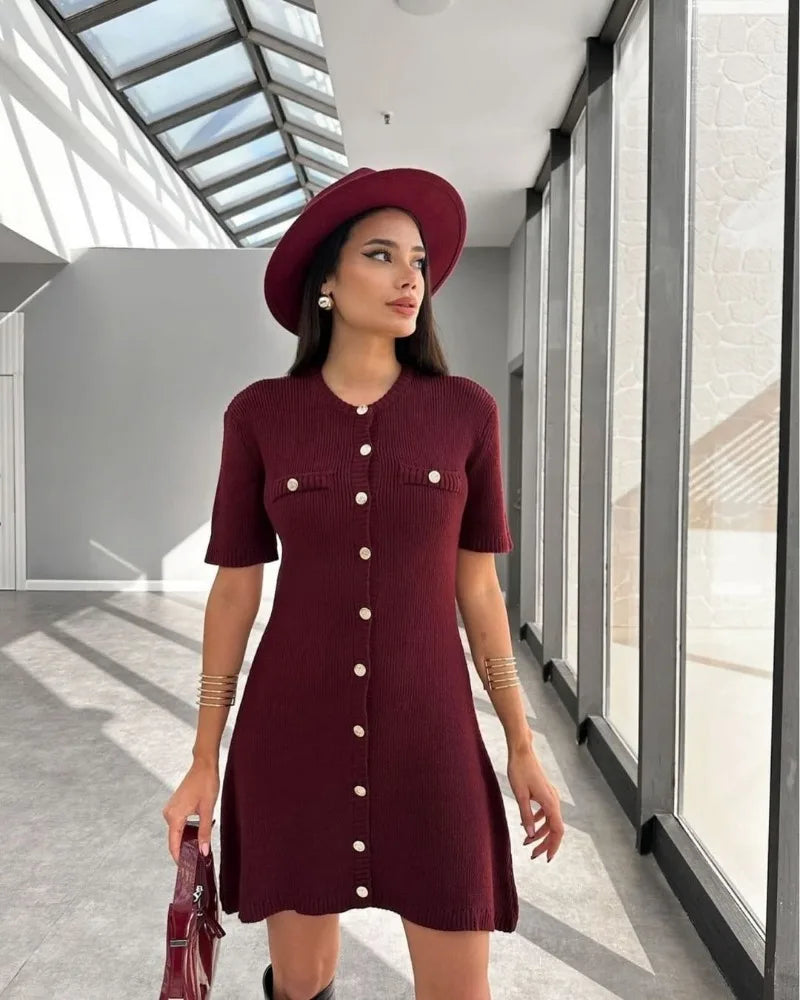 Venusiva Elegant High-Waisted Mini Dress for Women Slim Fit Short Sleeve Knitwear O-Neck Casual Sweater Dress Street Style Vacation Wear