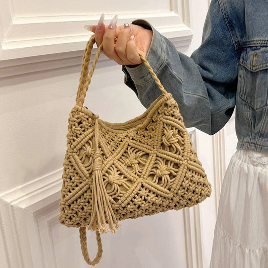 Venusiva Women's Fashion Straw Shoulder Bag Bohemian Tassel Crossbody Beach Travel Handbag Hollow out Summer Messenger Bag
