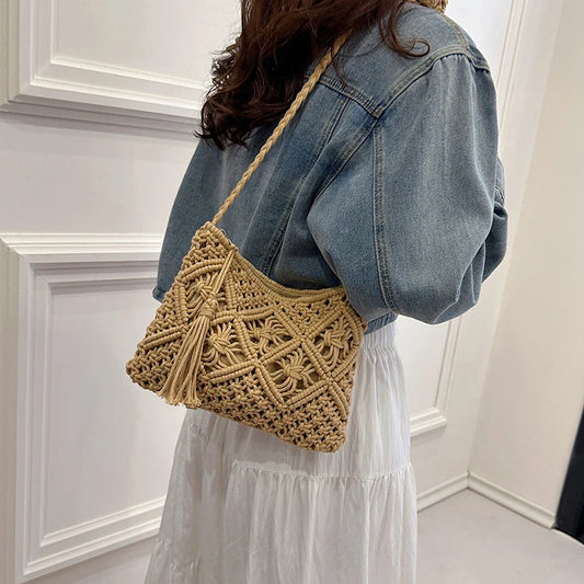 Venusiva Women's Fashion Straw Shoulder Bag Bohemian Tassel Crossbody Beach Travel Handbag Hollow out Summer Messenger Bag