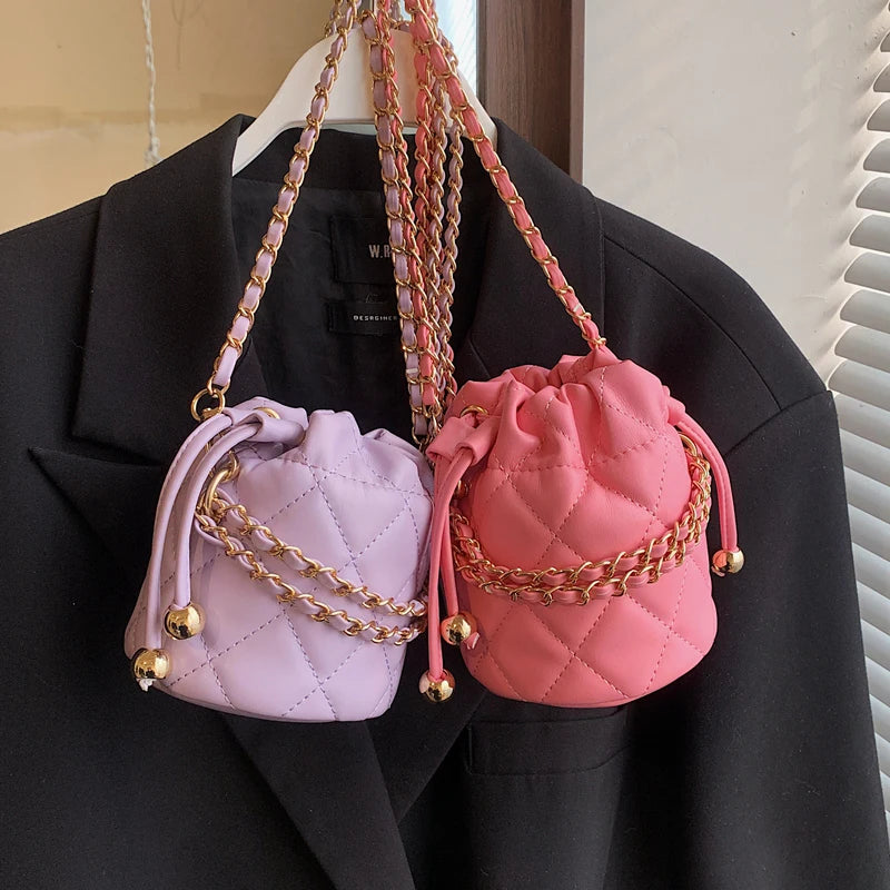 Venusiva Mini Bucket Bag for Women Summer 2024 Solid Chain Crossbody Versatile Girls Shoulder Card Pack Purse Chic PU Leather