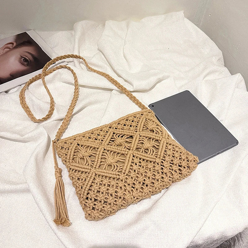 Venusiva Women's Fashion Straw Shoulder Bag Bohemian Tassel Crossbody Beach Travel Handbag Hollow out Summer Messenger Bag
