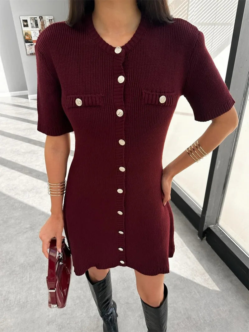 Venusiva Elegant High-Waisted Mini Dress for Women Slim Fit Short Sleeve Knitwear O-Neck Casual Sweater Dress Street Style Vacation Wear