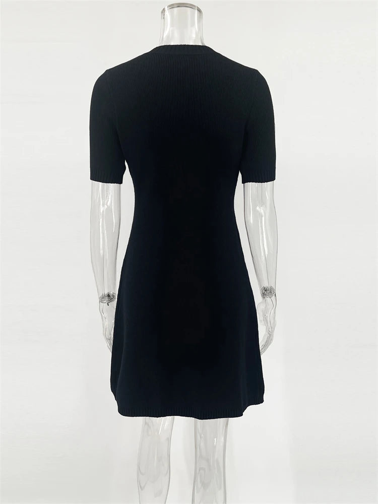 Venusiva Elegant High-Waisted Mini Dress for Women Slim Fit Short Sleeve Knitwear O-Neck Casual Sweater Dress Street Style Vacation Wear