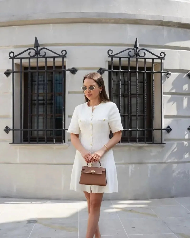 Venusiva Elegant High-Waisted Mini Dress for Women Slim Fit Short Sleeve Knitwear O-Neck Casual Sweater Dress Street Style Vacation Wear