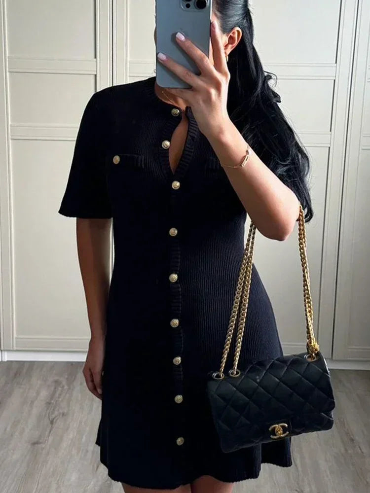 Venusiva Elegant High-Waisted Mini Dress for Women Slim Fit Short Sleeve Knitwear O-Neck Casual Sweater Dress Street Style Vacation Wear