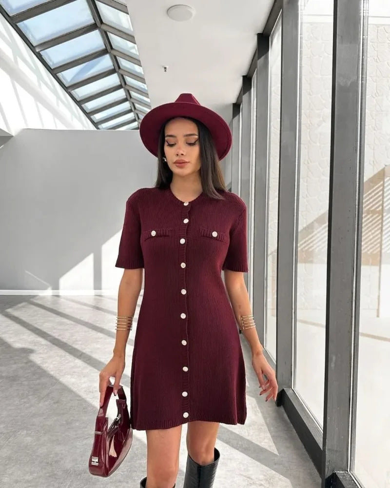 Venusiva Elegant High-Waisted Mini Dress for Women Slim Fit Short Sleeve Knitwear O-Neck Casual Sweater Dress Street Style Vacation Wear