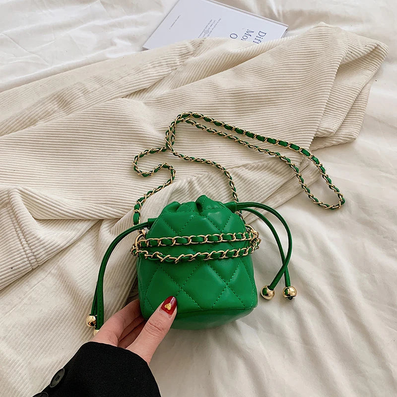 Venusiva Mini Bucket Bag for Women Summer 2024 Solid Chain Crossbody Versatile Girls Shoulder Card Pack Purse Chic PU Leather