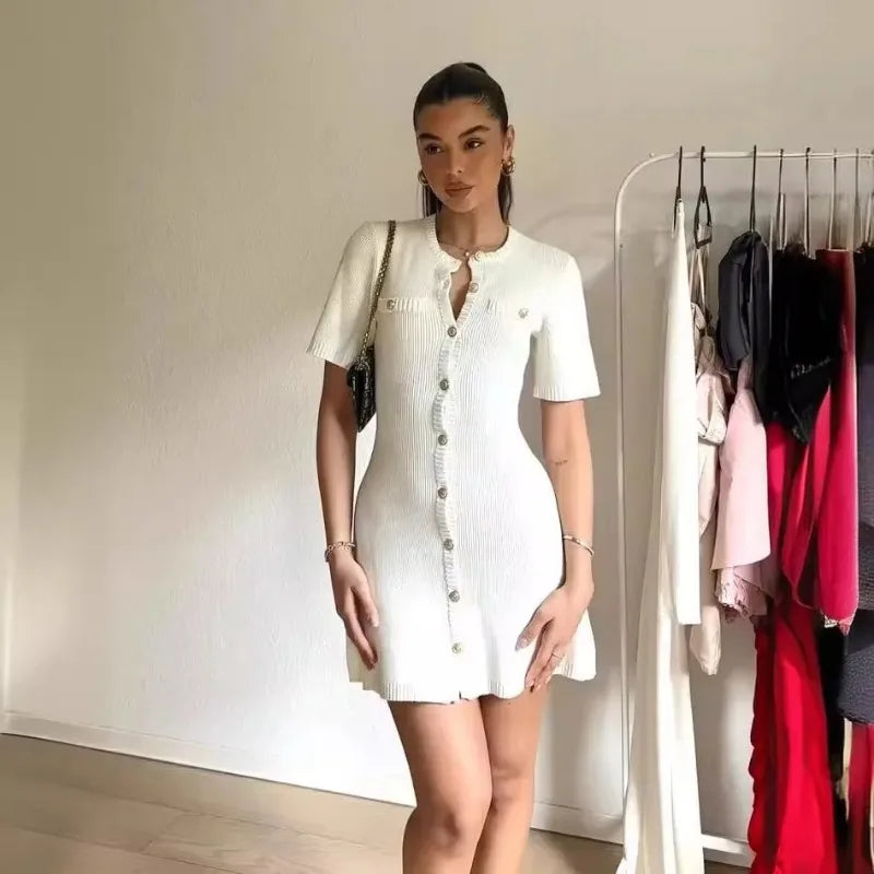 Venusiva Elegant High-Waisted Mini Dress for Women Slim Fit Short Sleeve Knitwear O-Neck Casual Sweater Dress Street Style Vacation Wear