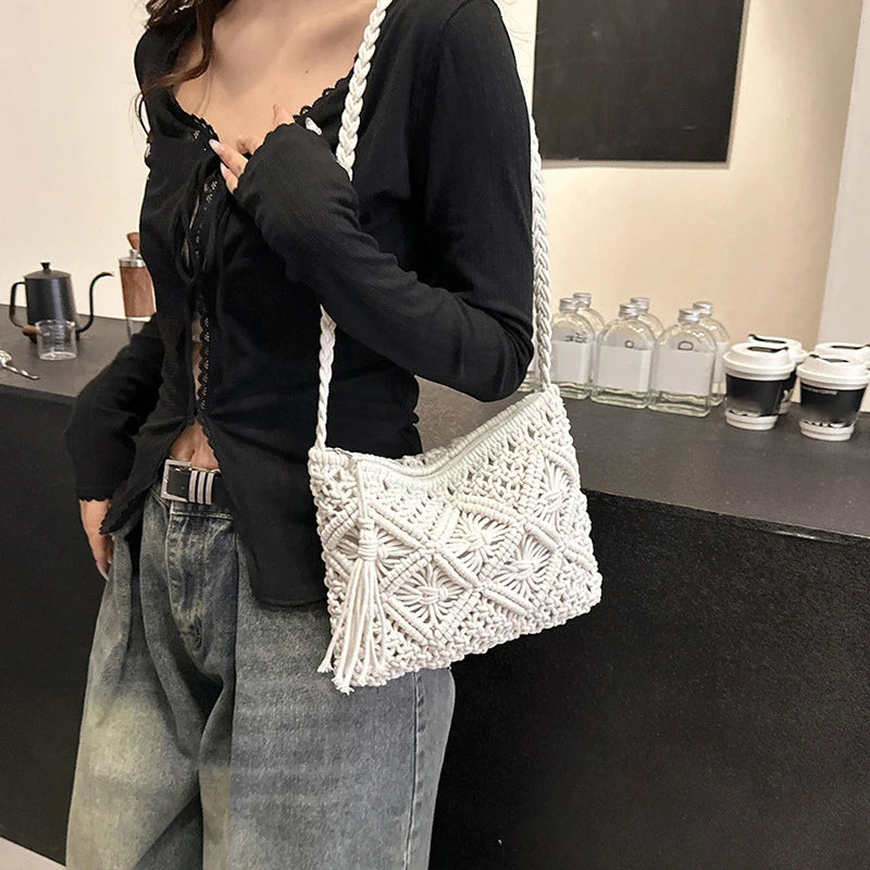 Venusiva Women's Fashion Straw Shoulder Bag Bohemian Tassel Crossbody Beach Travel Handbag Hollow out Summer Messenger Bag