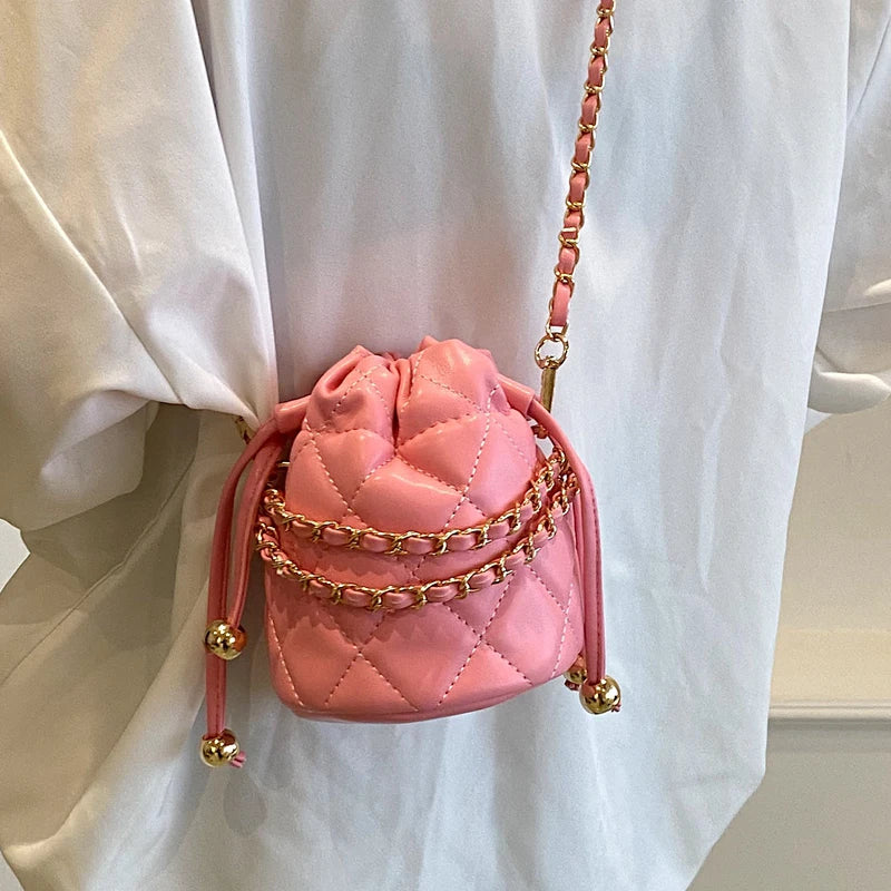 Venusiva Mini Bucket Bag for Women Summer 2024 Solid Chain Crossbody Versatile Girls Shoulder Card Pack Purse Chic PU Leather