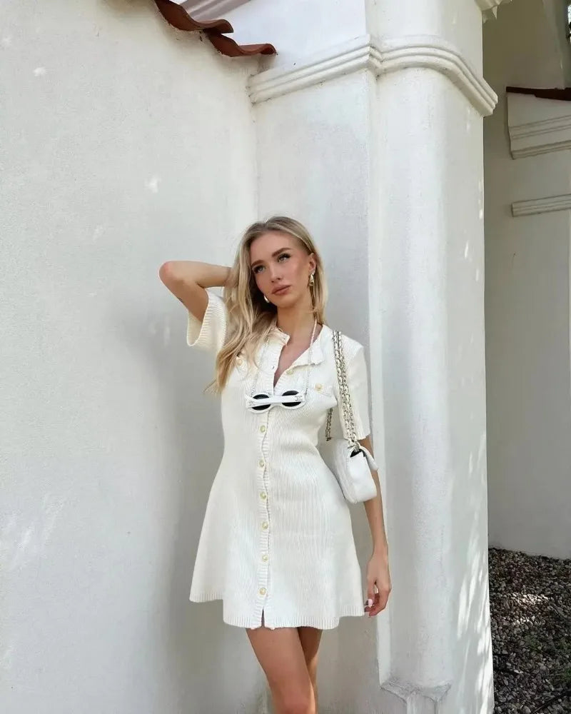 Venusiva Elegant High-Waisted Mini Dress for Women Slim Fit Short Sleeve Knitwear O-Neck Casual Sweater Dress Street Style Vacation Wear
