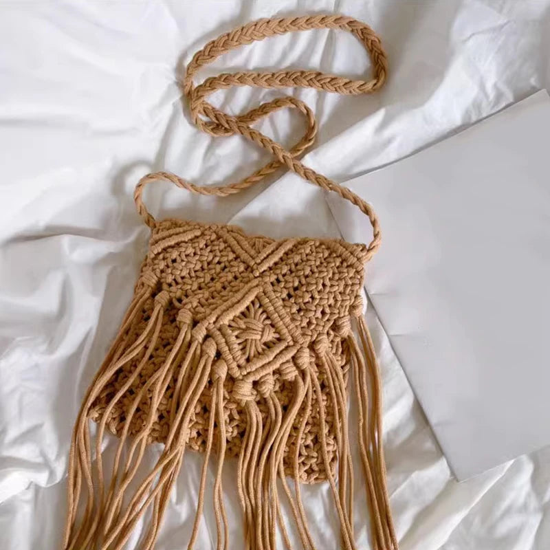 Venusiva Women's Fashion Straw Shoulder Bag Bohemian Tassel Crossbody Beach Travel Handbag Hollow out Summer Messenger Bag