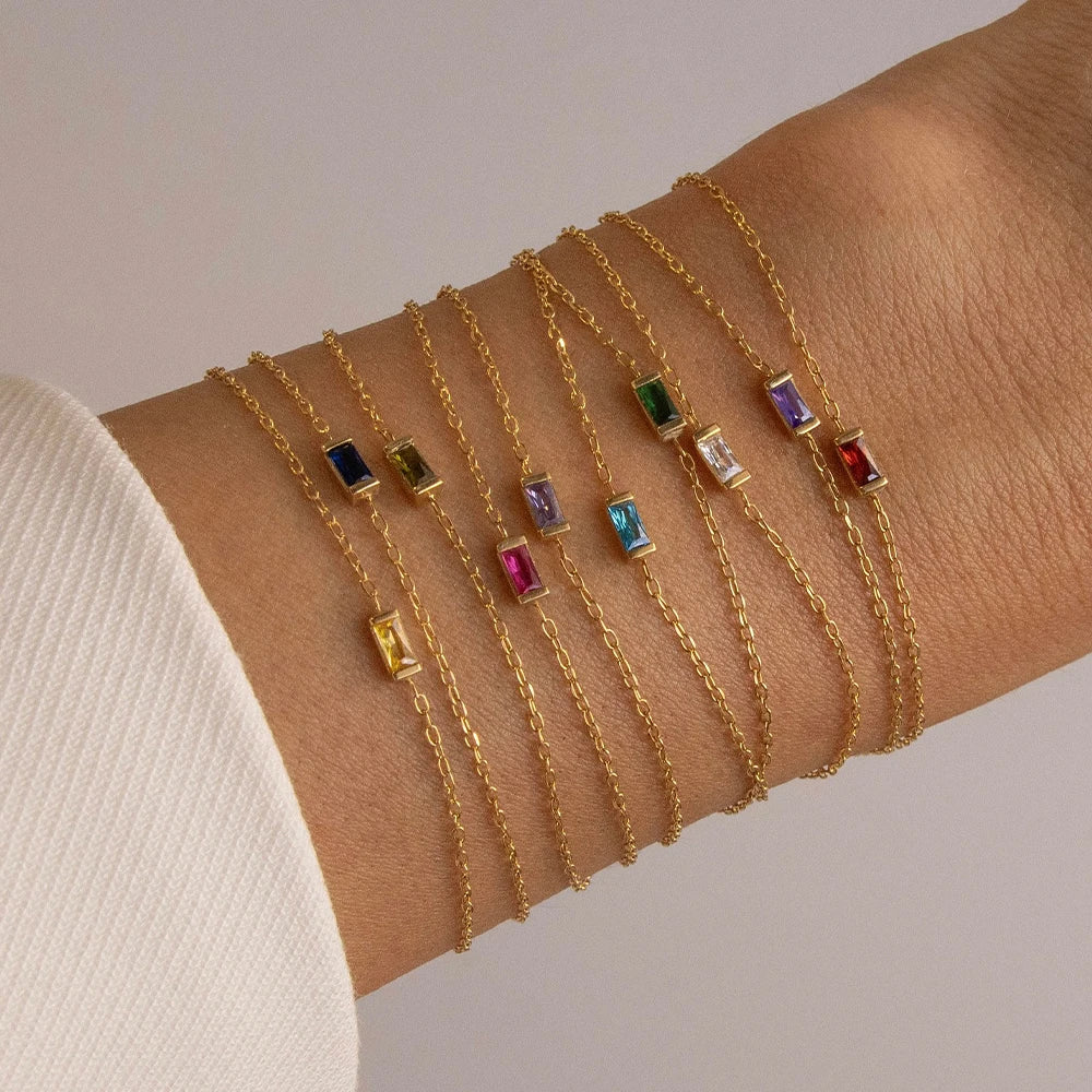 Venusiva eManco Stainless Steel Birthstone Bracelet 7x3MM Square Geometric Sparkling Rhinestone Bangle Fashion Jewelry Gift for Women