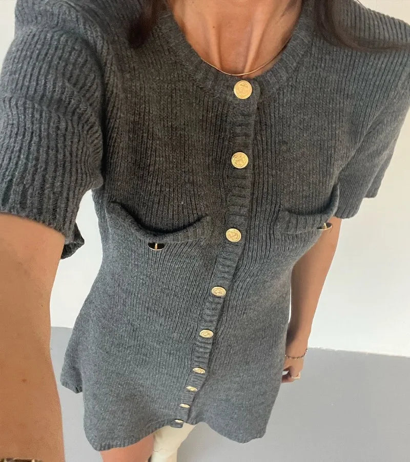 Venusiva Elegant High-Waisted Mini Dress for Women Slim Fit Short Sleeve Knitwear O-Neck Casual Sweater Dress Street Style Vacation Wear