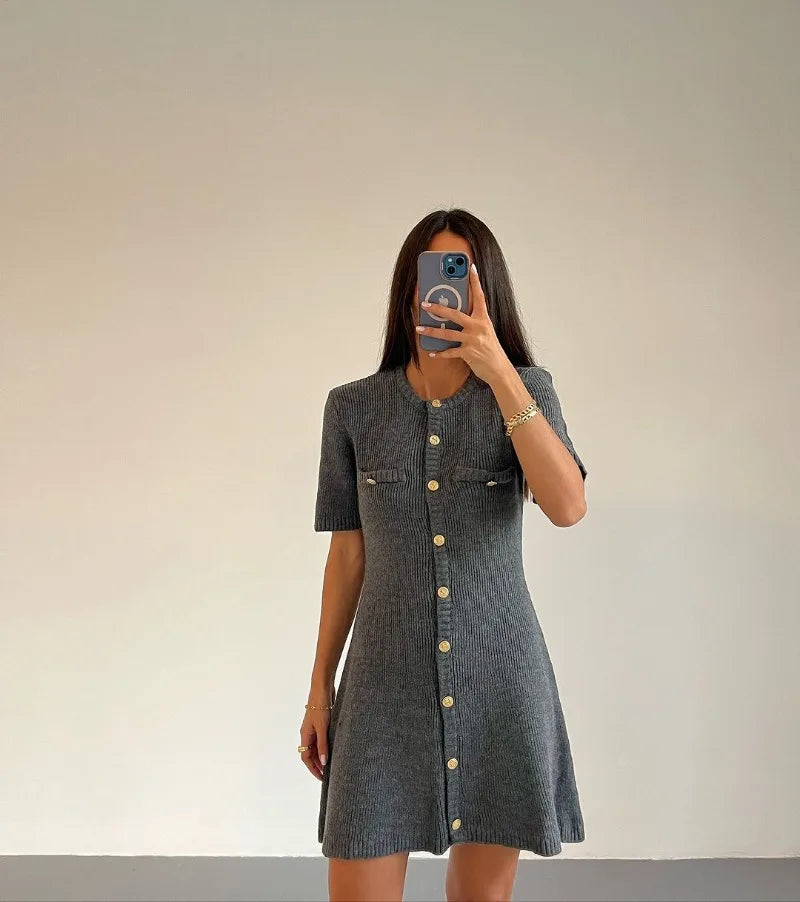 Venusiva Elegant High-Waisted Mini Dress for Women Slim Fit Short Sleeve Knitwear O-Neck Casual Sweater Dress Street Style Vacation Wear