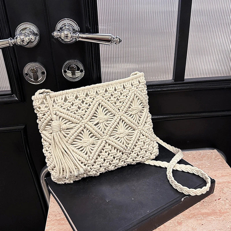Venusiva Women's Fashion Straw Shoulder Bag Bohemian Tassel Crossbody Beach Travel Handbag Hollow out Summer Messenger Bag