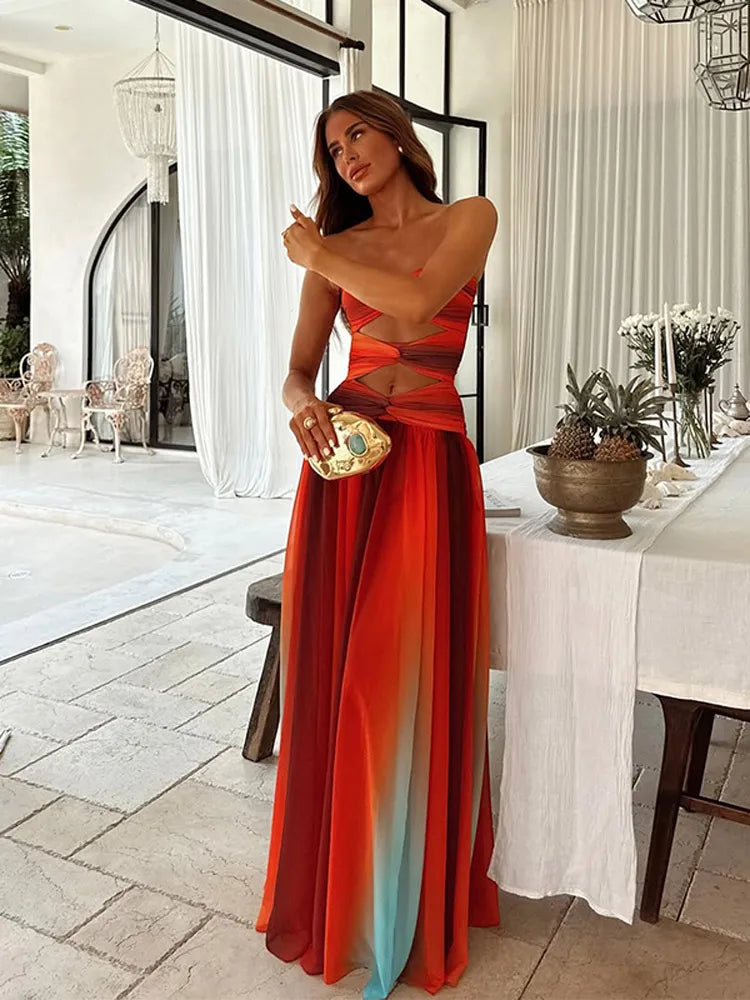 Venusiva Chic Contrast V-neck Sleeveless Maxi Dress for Women Elegant Backless Slim Fit Vestidos Summer Party Robe above Knee